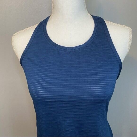 Athleta Shadow Striped Chi Yoga Tank Top Sz XS Scoop Neck Heather Blue Racerback - Picture 3 of 8